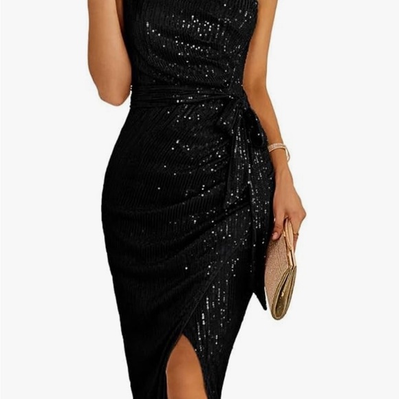 GRACE KARIN Women Sleeveless One Shoulder Sparkly Glitter Wrap Dress w/Slit. - Picture 3 of 8
